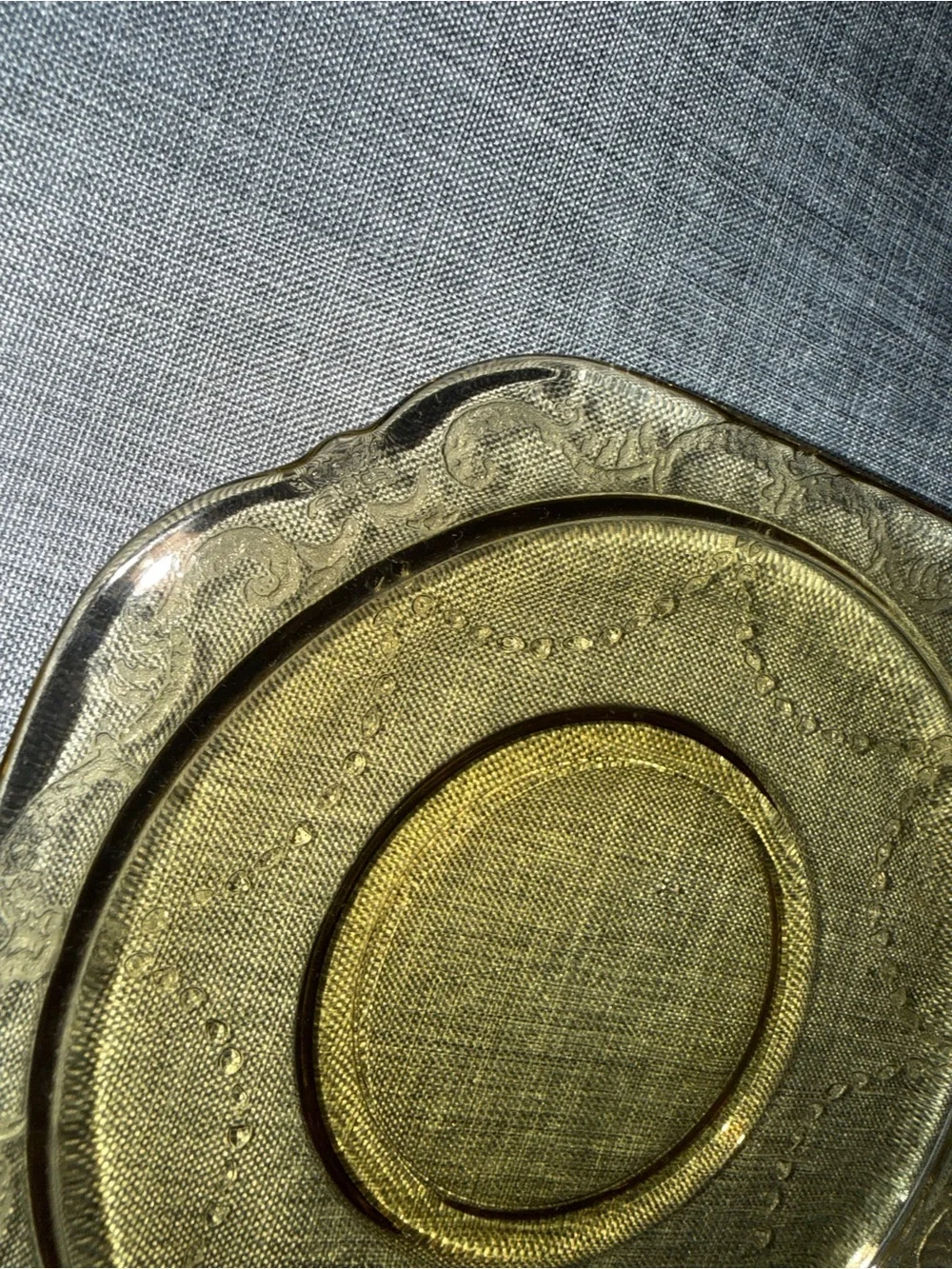Vintage Amber Depression Glass Saucers Set of 4 Scroll Border Tea Cup Plates
